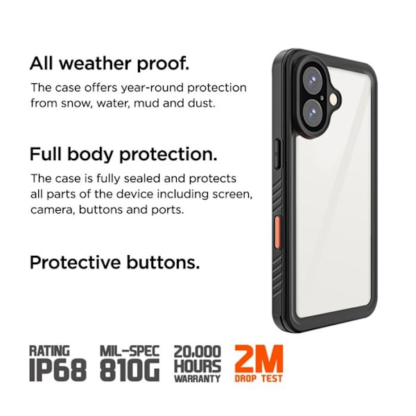 Coque 360° Foran Bagpå til iPhone 16 Plus IP68 Ultra Forstærket Eiger Transparent Vit