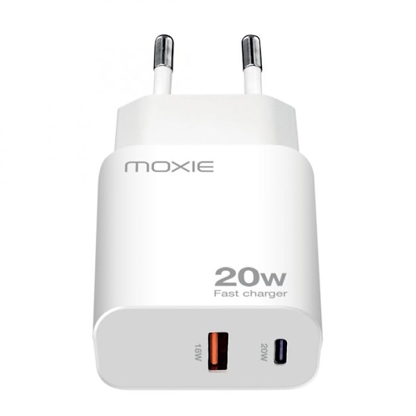 Ultra Hurtig Oplader 20W Dobbelt USB-C og USB-A Port Moxie Hvid Vit