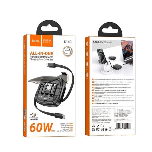 Laddkabel 3 i 1 - HOCO - U140 - Utvecklingsbar - 60W - USB-C, Lightning, Micro USB Svart