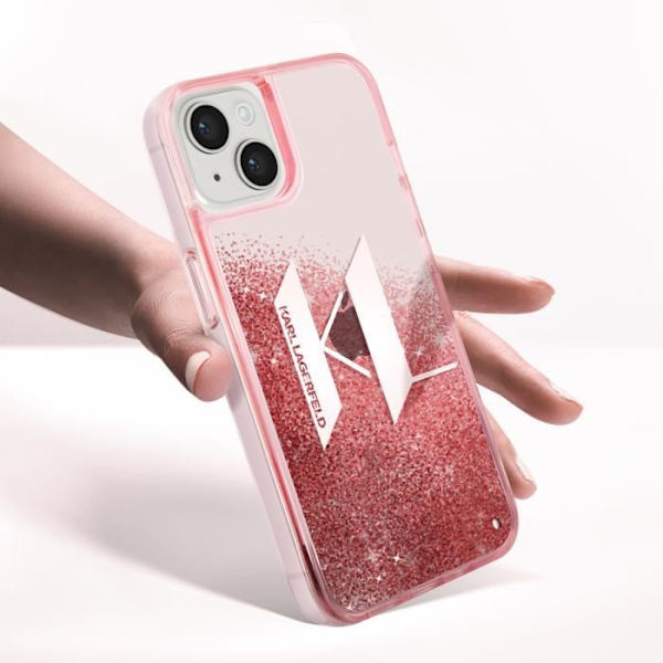 Fodral för iPhone 14 Plus Flytande glittermönster Förstärkta kanter Karl Lagerfeld Rosa Rosa