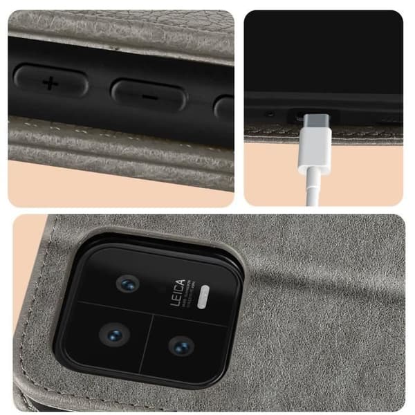 Cover til Xiaomi 13 - AVIZAR - Chesterfield - Kortopbevaring - Videounderstøttelse - Grå Grå