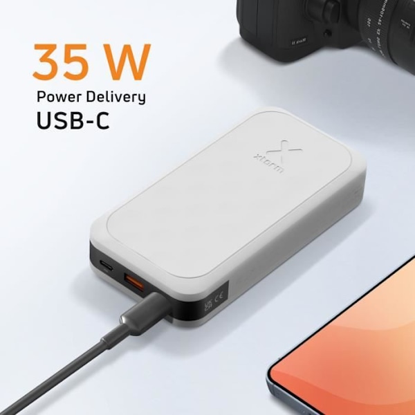 Externt batteri 20000mAh 35W 2x USB-C + USB-C Kompakt LED-skärm Xtorm White Vit