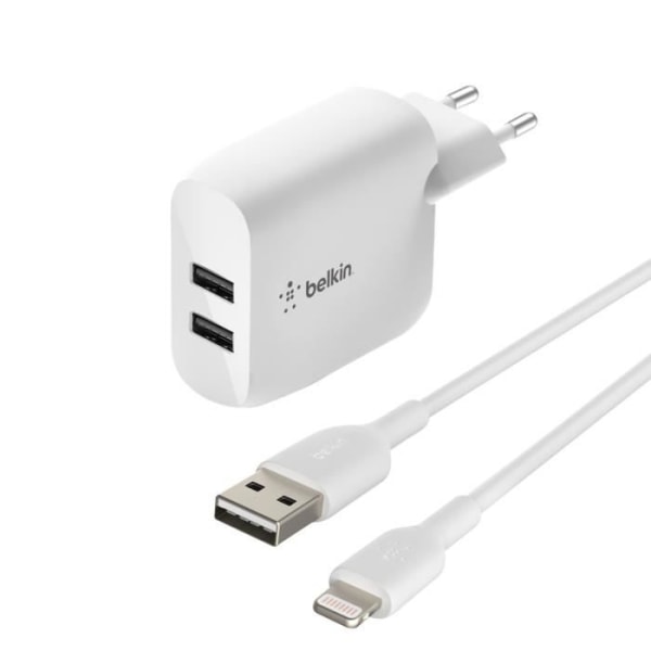 Belkin Boost Charge 24W dobbelt USB-netoplader og 1m Lightning-kabel hvid