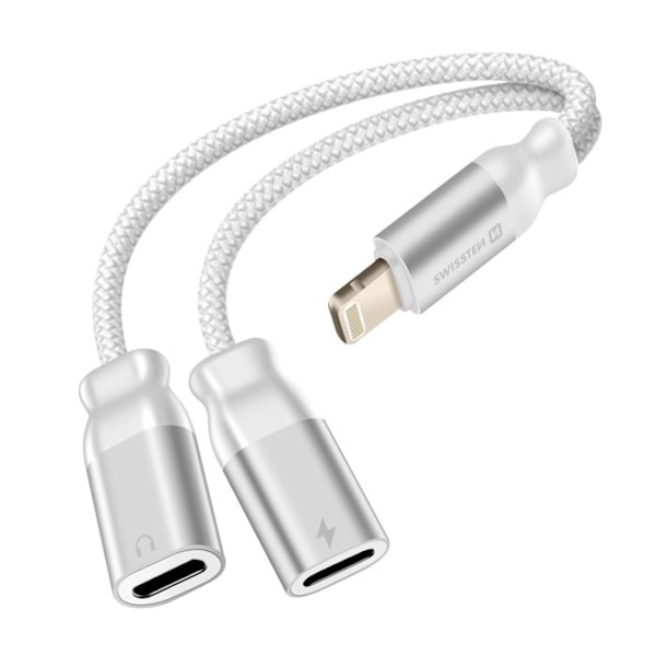 Swissten Valkoinen 2-in-1 Nylon Punottu Äänenjakaja ja Lightning Lataus, Hämärän Vastainen