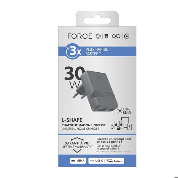 30W Vægoplader med Dobbelt USB-A / USB-C Power Delivery L Form Kompakt Kraft Grå Grå