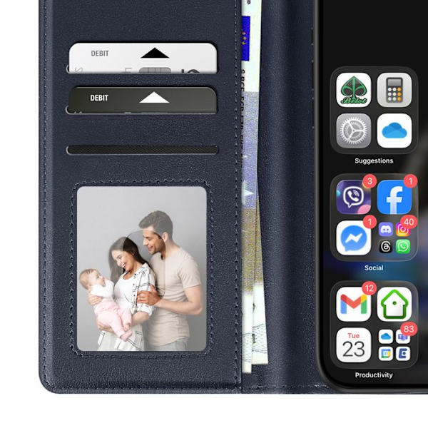 Fodral Plånbok för iPhone 16 Plus i Premiumläder med Ställfunktion Mörkblå Blå