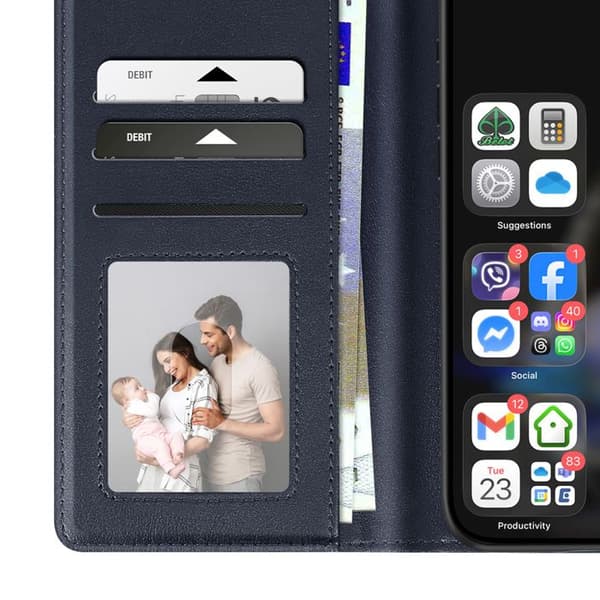 Pung Etui - AVIZAR - iPhone 16 Plus - Premium Læder - Stående Funktion - Mørkeblå Blå