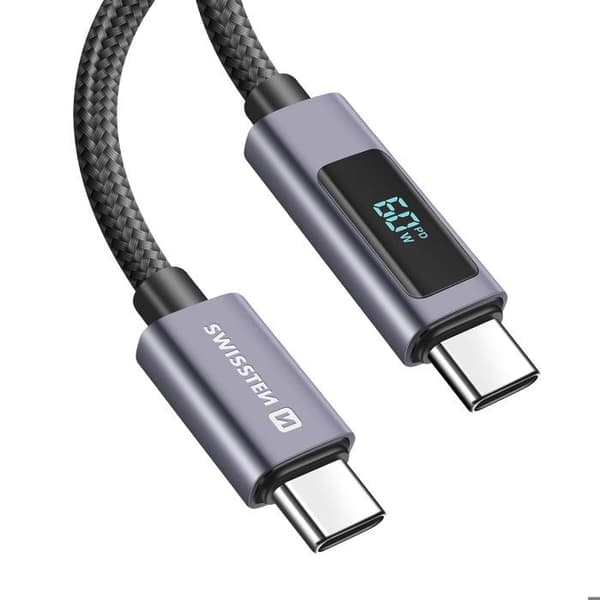 USB-C-kabel - SWISSTEN - 1m - 60W Power Delivery - LED-skärm - Flätad nylon