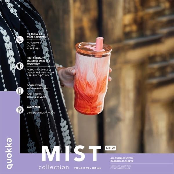Isolerad mugg - QUOKKA - Dimma - Rostfritt stål - 720 ml - Silikonsugrör persikblad