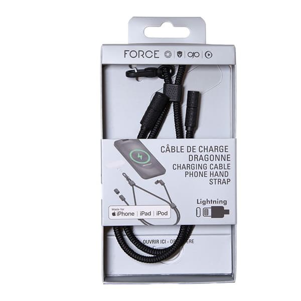 Axelremmsladd - FORCE POWER - USB-C till Lightning - PD 60W (3A) - Justerbar - Svart
