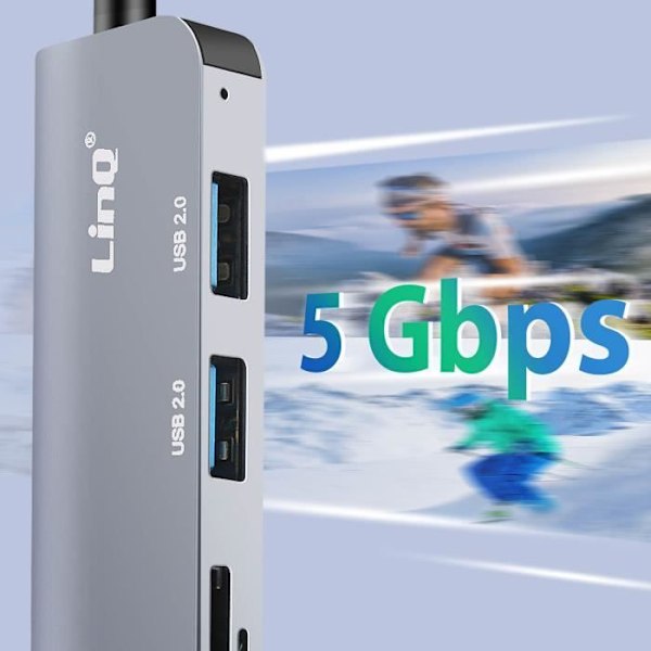USB C og USB Hub med USB 3.0 + 2x USB 2.0 SD og TF kortlæser LinQ Sort