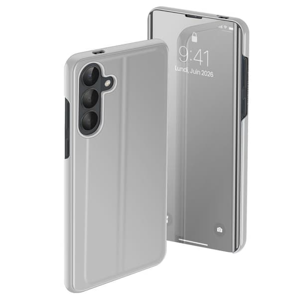 Spegelfodral för Galaxy S26 med Smart View-fönster och vikbart stativ i silver Grå