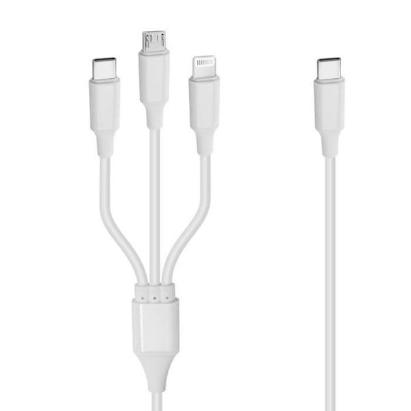 3 i 1 USB-C til Micro-USB-kabel iPhone Lightning USB Type C PD 20W LinQ Hvid