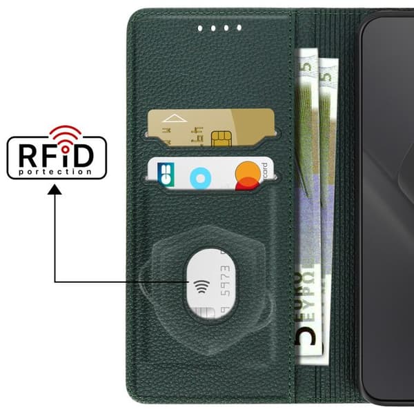 Pungetui til Poco X8 Pro Max Litchi Tekstur med RFID Blokering Mørkegrøn Grön