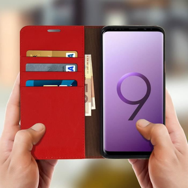 Fodral till Samsung Galaxy S9 Plus - AVIZAR - Plånboksfodral i läder - Röd - Videostöd - Kortplatser Röd
