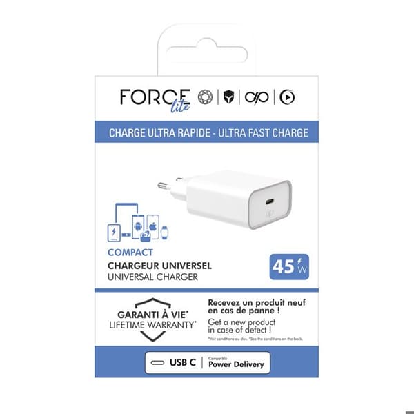 USB-C vægoplader - FORCE POWER - Force Power - 45W - PD/PPS/QC4.0 - Kompakt genbrugsplast Vit