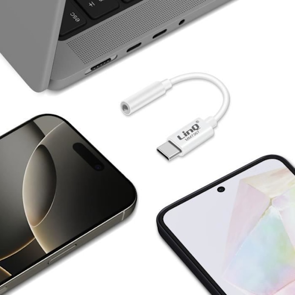 USB C til 3,5 mm jack-lydadapter LinQ stemmestyring kompatibel hvid
