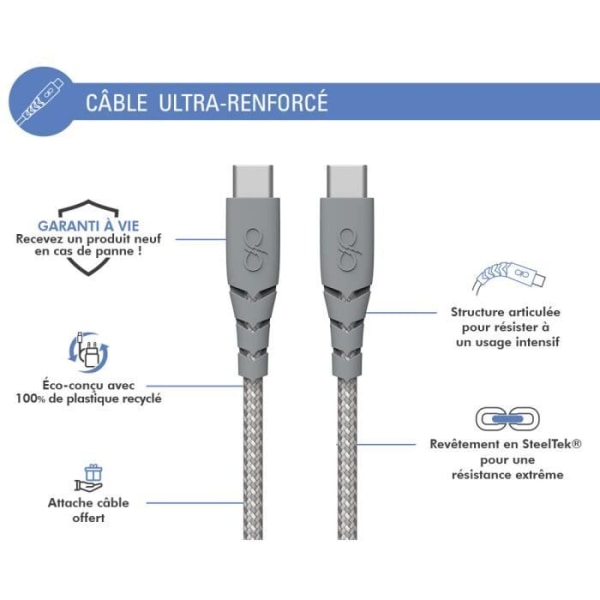 Ultra-forstærket USB C/USB C-kabel 3m 3A Livstidsgaranti Grå - 100 % genbrugsplast Force Power