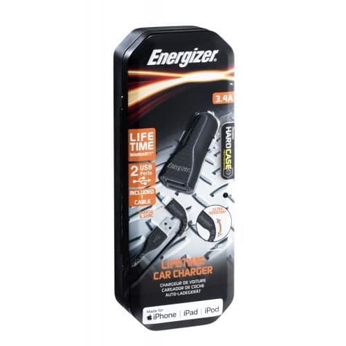 Lader til bil - ENERGIZER - DC2CLLIM - 3.4A - 2 USB-porte - Inkluderet Lightning-kabel Sort