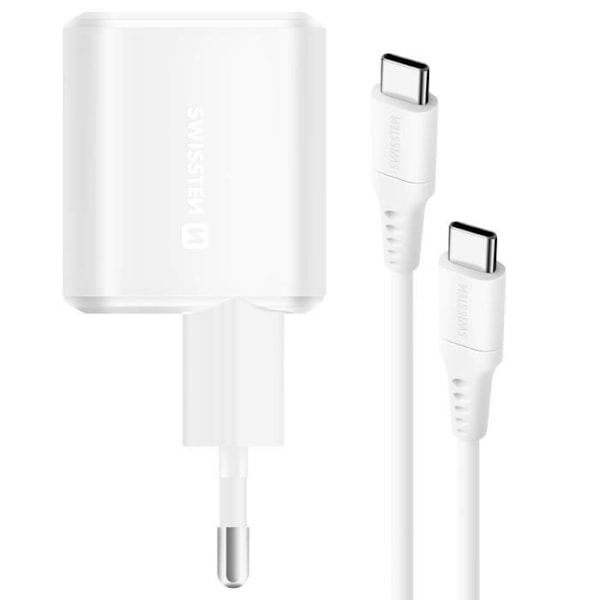 Kompakt 20W GaN USB C-oplader med 1,2m USB C-kabel Swissten White Vit