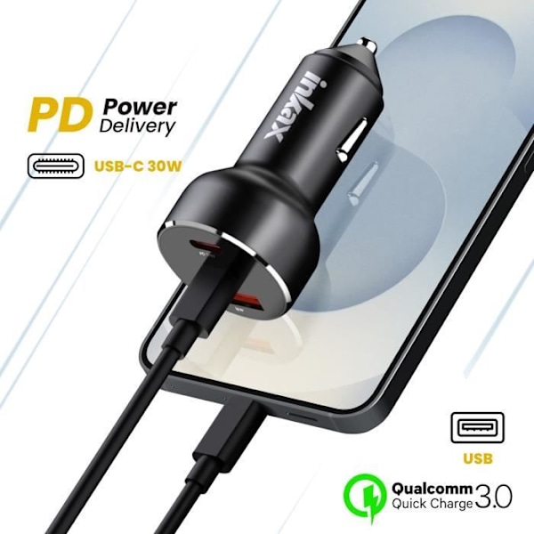 Lighteroplader 78W Dobbelt USB-C + USB Hurtigopladning Kompakt Inkax Sort Svart