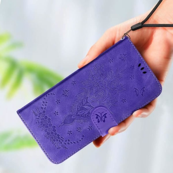 Plånboksfodral till Xiaomi Redmi 12C konstläder blommigt fjärilsmönster lila