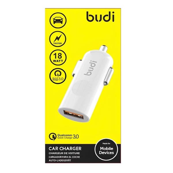 USB-biloplader - BUDI - 18W - Quick Charge 3.0 - LED - Hvid Vit