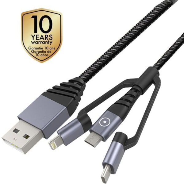 MUVIT TIGER 3In1 USB / Micro USB / Typ C / Lightning-kabel - 1,2 m - Grå