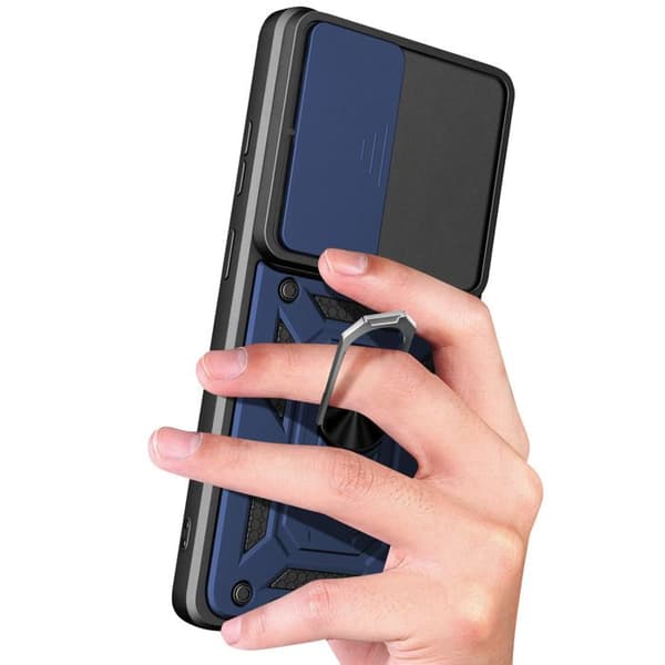 Cover til Galaxy S26 Plus med støtte ring og skydelåg til kamera i blå Blå