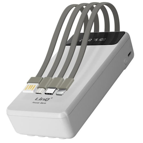 25800 mAh:n vara-akku irrotettava 4 in 1 -kaapeli ja LinQ Compact USB -lähtö valkoinen Vit