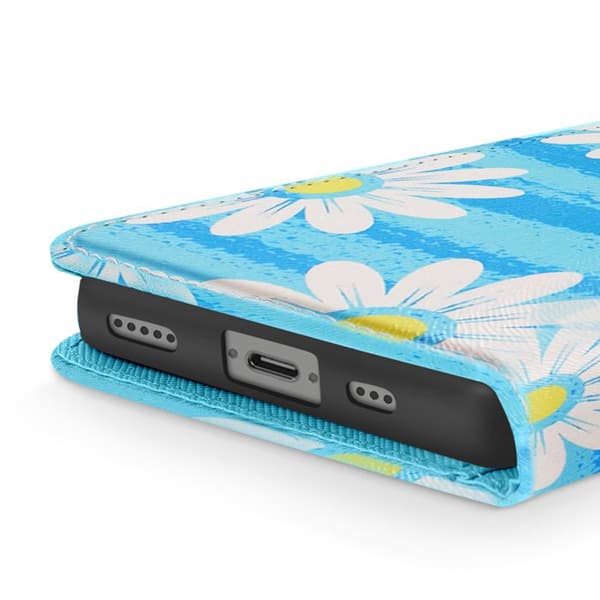 iPhone 16e-fodral Daisy-mönster med handledsrem och kortfack Blå Blå