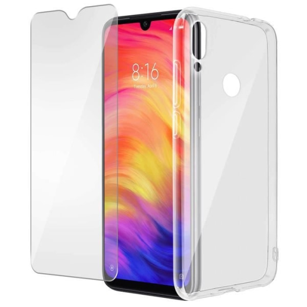 Xiaomi Redmi Note 7 etui blød silikone og 9H hærdet glasfilm gennemsigtig hvid