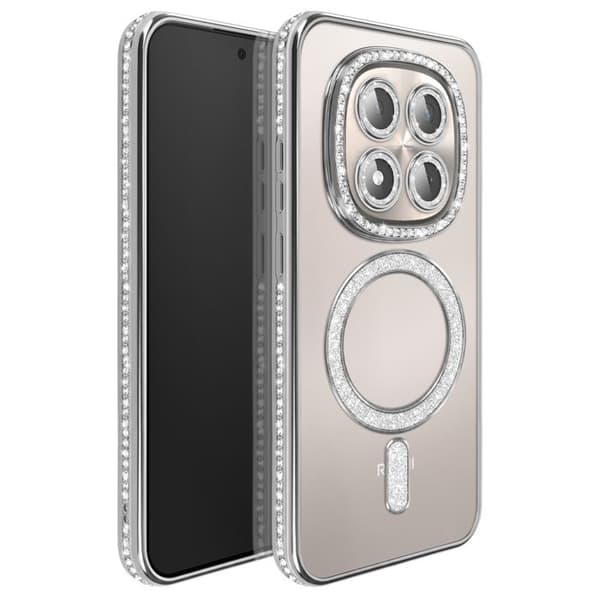 Cover til Redmi Note 15 Pro 5G Kompatibel med MagSafe med Sølv Rhinsten Kant Grå