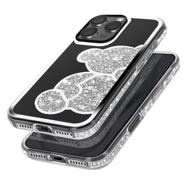Teddybjörnfodral för iPhone 16 Pro Rhinestone Mönster Shiny Outline Silver Grå