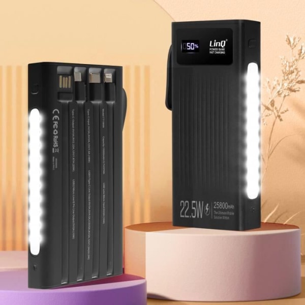 25800mAh backup batteri 4 i 1 kabel 22,5 W USB-port og 20 W USB C LinQ Black Svart