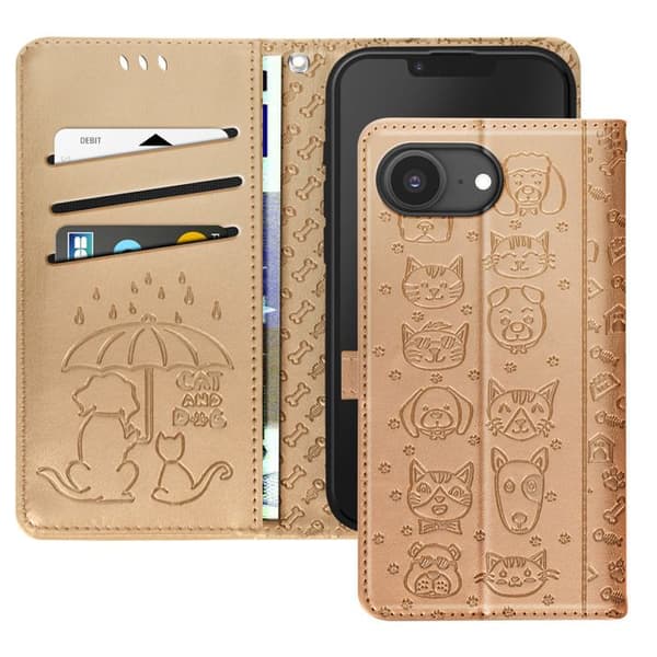 Hus til iPhone 16e Design Kat og Hund Lommebog Guld Gul