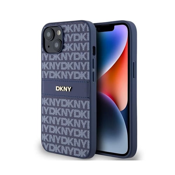 Coque til iPhone 14 Repeat Pattern Tonal Stripe med DKNY Metal Logo Blå Vit