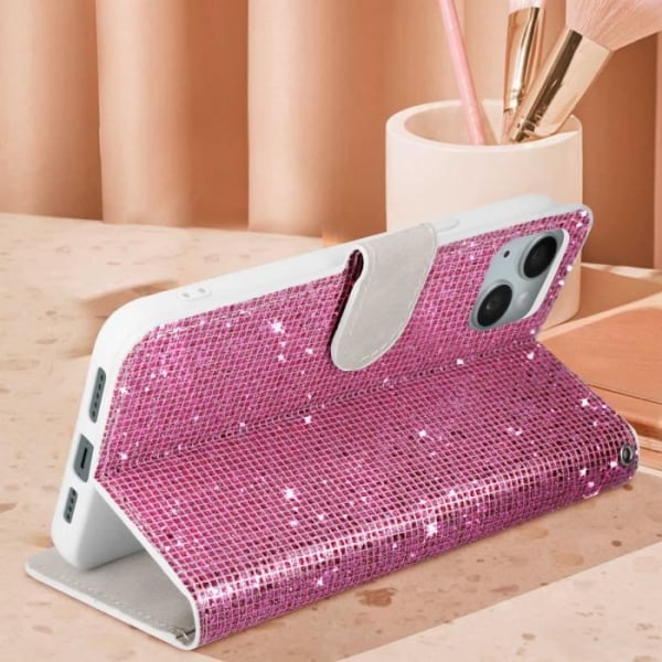 iPhone 15 Plus Fodral Glitter Disco Plånboksställ Video Rosa