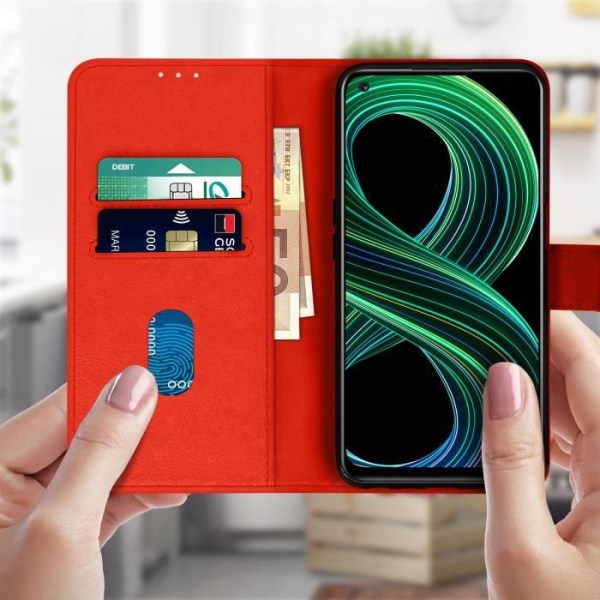 Realme 8 5G fodralplånbok och rött videoställ rött