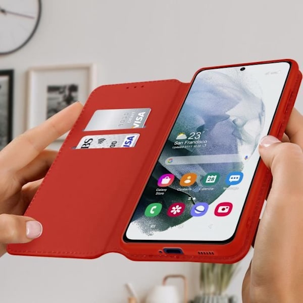 Housse Portefeuille AVIZAR för Samsung Galaxy S21 FE - Röd - Video Stöd Funktion - Fullständigt skydd Röd