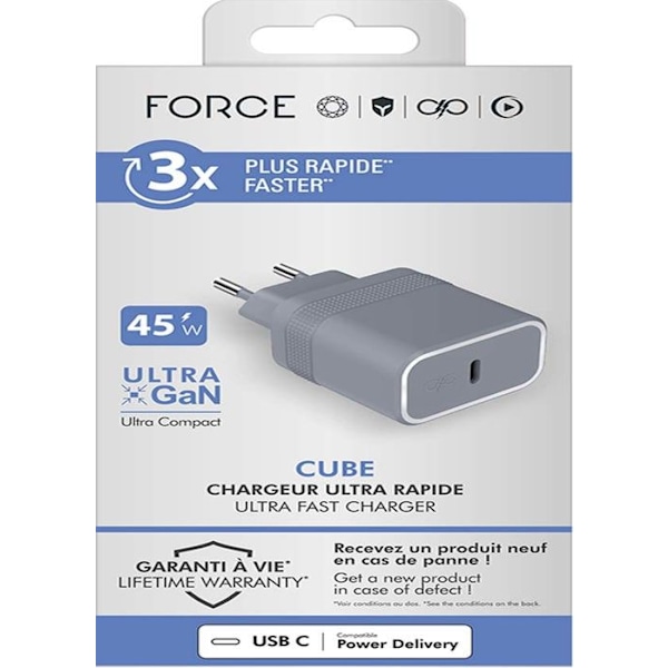 Lader til smartphone USB C Cube 45W Power Delivery UltraGaN Grå