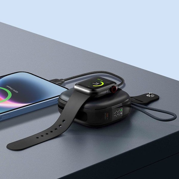 Bärbar MagSafe 15W 10000mAh med USB-C- och Lightning-kablar Swissten Svart Svart