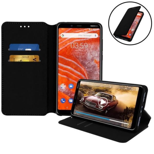 Housse - AVIZAR - Nokia 3.1 Plus - Foliofodral - Ekologisk läder - Ställfunktion - Svart Svart