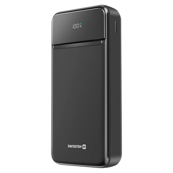 20000mAh Ulkoakku USB-C:llä ja 2 USB:llä, Kompakti LED-näyttö Swissten Musta Svart