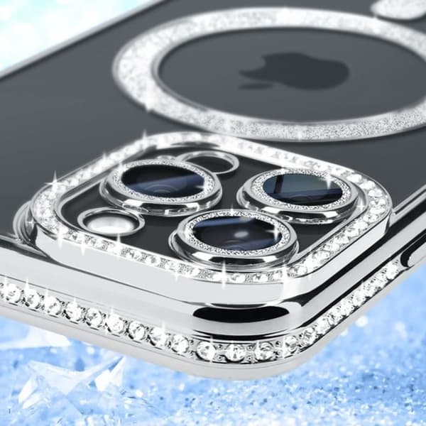 Cover - ADVOKER - iPhone 15 Pro Max - Strass Kant Sølv - Hård - Syntetisk Grå