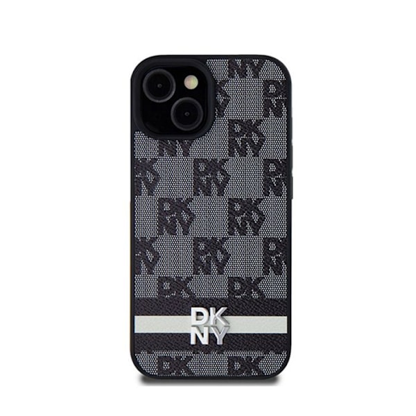 DKNY Mono Plaid og Stripe Print Læder Taske til iPhone 14/15/13 (sort)