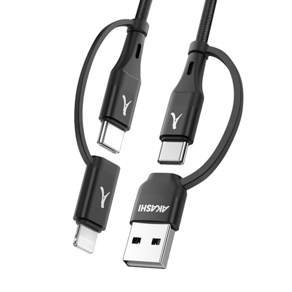 4-i-1 USB-C og USB til USB-C og Lightning Opladning 20W 1m Akashi Sort Svart