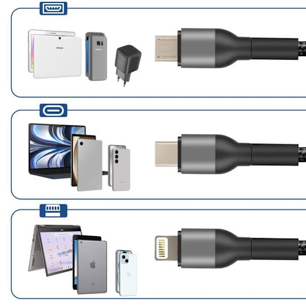 USB til Micro USB, USB C, iPhone Lightning Nylon Flettet Kabel 1,2m Blue Star Sort Svart