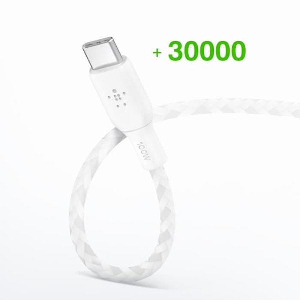 USB-C Kabel - BELKIN - BoostCharge - 100W - Flettet Nylon - 3 meter Vit