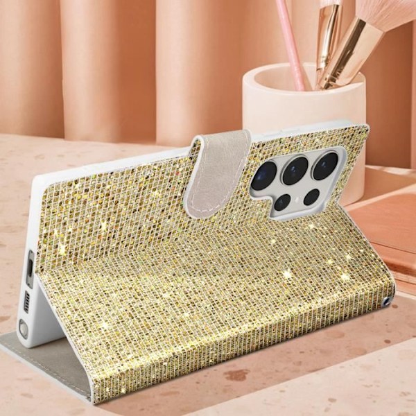 Etui til Samsung S23 Ultra Glitter Disco Wallet Video Support Guld - AVIZAR - Hard - Gul Gul